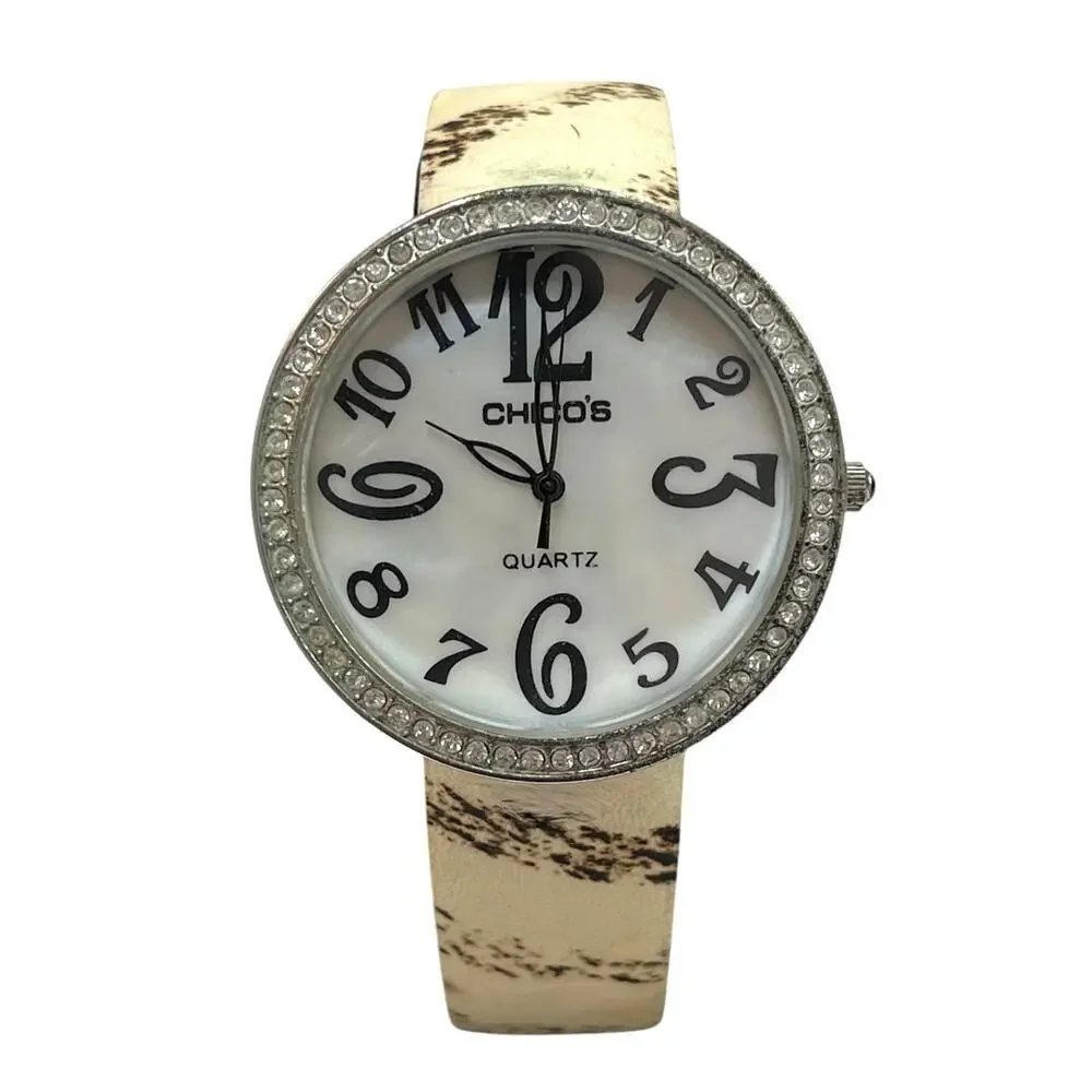 CHICO'S Women's RHINESTONE WATCH Beige Animal Print Band- NEW BATTERY